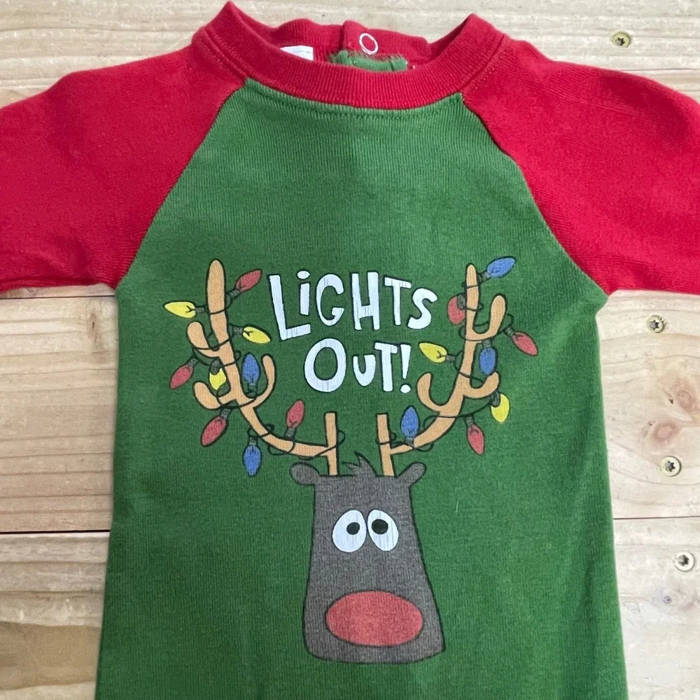 Lazy One Kids Union Suit‎ Pajamas 12M Christmas Reindeer Lights Out Green Red